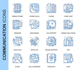 Thin Line Communication Related Vector Icons Set for Website and Mobile Site and Apps. Outline icons design. Contains such Icons as Phone Calls, Video Chat, Support and more. Linear Pictogram Pack.