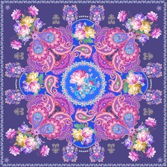 Fantasy shawl with luxury paisley ornament and bunches of roses on blue background. Indian, persian, russian motifs.