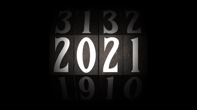 Vintage rotating counter switches from 2020 to 2021. With alpha matte.