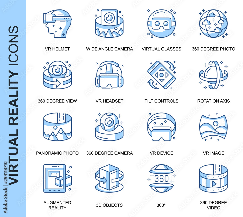 Poster Thin Line Virtual Reality Related Vector Icons Set for Website and Mobile Site and Apps. Outline icons design. Contains such Icons as VR Helmet, 360 Degree Camera and more. Linear Pictogram Pack.