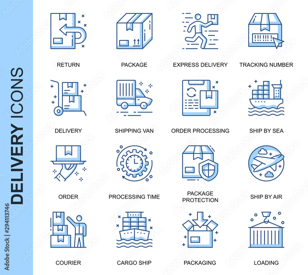 Leinwandbilder Thin Line Delivery Related Vector Icons Set for Website and Mobile Site and Apps. Outline icons design. Contains such Icons as Express Delivery, Tracking Number Search and more. Linear Pictogram Pack.