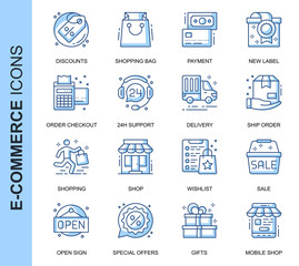 Thin Line E-Commerce Related Vector Icons Set for Website and Mobile Site and Apps. Outline icons design. Contains such Icons as Discounts, Mobile Shop, Sale, Shopping and more. Linear Pictogram Pack.
