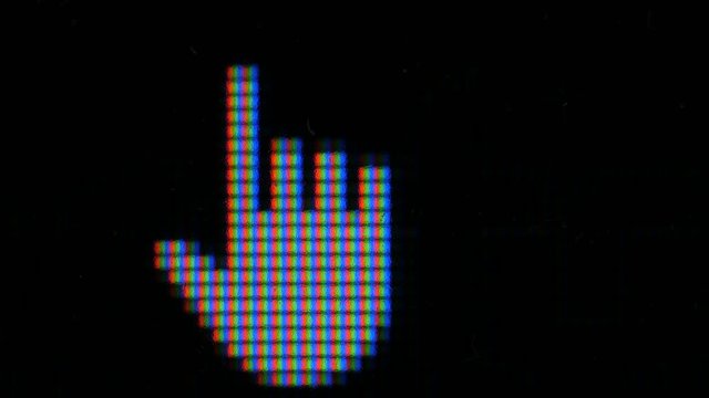 Moving Hand Cursor Computer Pointer. Pixels LCD monitor. Real Macro Video. Mouse Pointer Hand For Computer Screen. Close Up