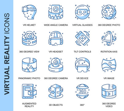 Thin Line Virtual Reality Related Vector Icons Set for Website and Mobile Site and Apps. Outline icons design. Contains such Icons as VR Helmet, 360 Degree Camera and more. Linear Pictogram Pack.