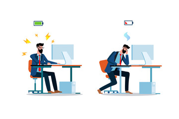 Flat modern vector illustration design of two variants of a worker working at a computer with full energy and tired isolated on white background. Business concept of workload and energy balance