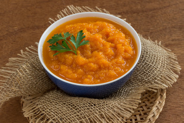 Pumpkin porridge in a bowl. Close-up