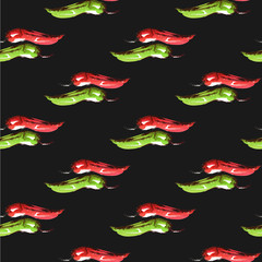 Seamless pattern with red and green chili peppers on a black background. Watercolor illustration 