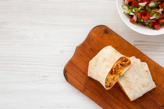 Homemade Chorizo Breakfast Burritos With Pico De Gallo On A White Wooden Background, Top View. Flat Lay, Overhead, Top View. Space For Text.