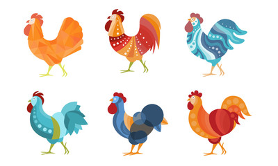 Set of roosters with creative coloring. Vector illustration.