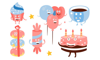 Set of pink and blue humanized attributes for a birthday. Vector illustration.