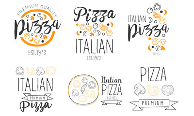 Set of minimalistic logos for pizzeria. Vector illustration.
