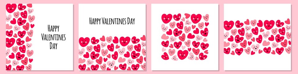 Naklejka premium Cute set of childish backgrounds with funny kawaii cartoon characters of hearts