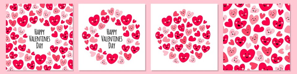 Cute set of childish backgrounds with funny kawaii cartoon characters of hearts