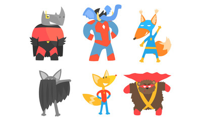 Cute animals in masks and cloaks of superheroes. Vector illustration.