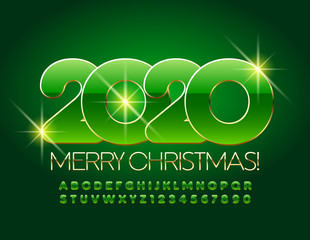 Vector luxury Greeting Card Merry Christmas 2020 with elite Font. Bright Green and Golden Alphabet Letters and Numbers
