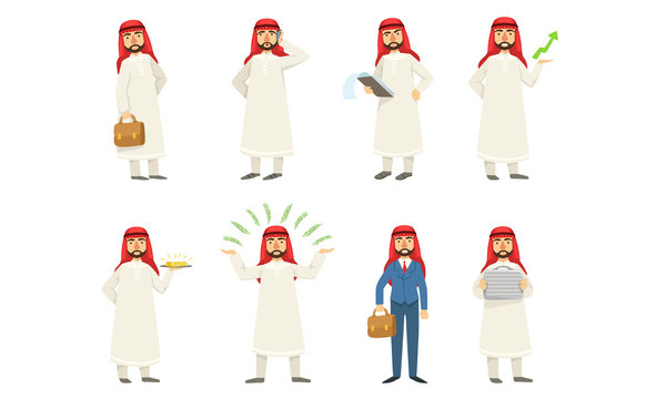 Set of images of arab men in white clothes. Vector illustration.