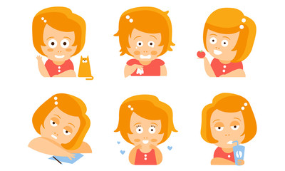 Cartoon red-haired girl in everyday activities. Vector illustration.