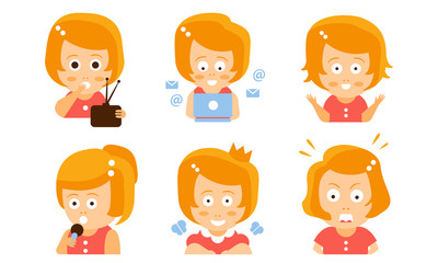 Cartoon red-haired girl with a radio, laptop, microphone and crown. Vector illustration.
