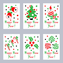 Six greeting cards of cartoon characters. Christmas balls, Bells, cones, candle, candy canes and tree pine. Happy New Year calligraphy. Vector illustration of winter symbols.