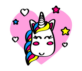 Cute little unicorn on a heart background. Vector illustration. 