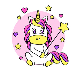 Cute little unicorn with a magic wand on a pink background. Vector illustration. 