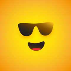 Smiling Emoji Face with Sunglasses  - Simple Shiny Happy Emoticon on Yellow Background - Vector Design