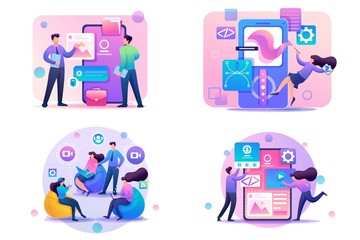 Set Flat 2D concepts online conference, Using mobile app, APP Design, Graphic Design. For Concept for web design