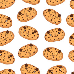 kawaii sweet cookie cat with chocolate chips seamless pattern, cute cartoon funny characters, editable vector illustration for fabric, textile, decorations
