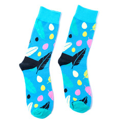 .bright and colorful socks on a white isolated background. Lifestile, fashion, beauti, fun