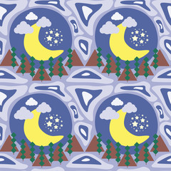 seamless pattern, starry night, with moons, stars, clouds and trees