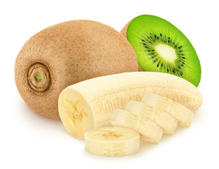 Ccomposition with cutted banana and kiwi isolated on a white background.