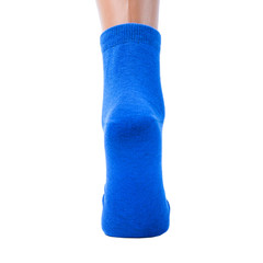 back view of blue socks on an isolated white background