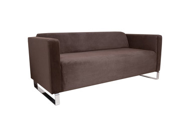 Modern brown fabric sofa isolated on white background. couch with unusual metal legs. strict style of furniture