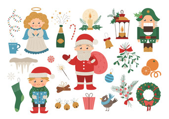 Vector set of Christmas elements with Santa Claus in red hat with sack, angel, nutcracker, elf isolated on white background. Cute funny flat style illustration for decorations or new year design..