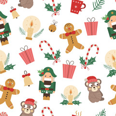 Stoffe zum Nähen Vector seamless pattern of Christmas elements with Nutcracker, Gingerbread man, funny bear in red hat. Cute funny repeat background of new year symbols. Christmas flat style picture