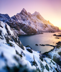 Lofoten island landscape, Norway. Mountain peak and ocean bay during sunrise. Natural landscape in the Norway. Travel - image - obrazy, fototapety, plakaty