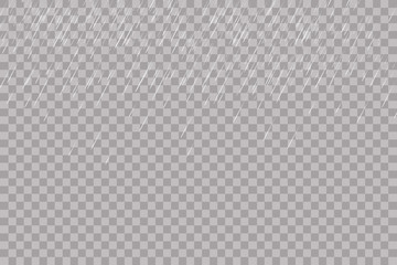 Rain transparent template background. Falling water drops texture. Nature rainfall on checkered background.