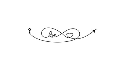 Plane and its track as a sign of infinity and heart and text love on white background. Vector illustration. Aircraft flight path and its route