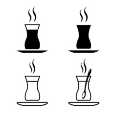 Set of Turkish tea icons. Glass of hot and strong traditional black tea. Vector Illustration