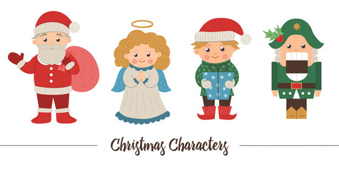 Vector set of Christmas characters. Cute winter Santa Claus with sack, Angel, Elf, Nutcracker illustration isolated on white background. Funny flat style picture for New Year or winter design.