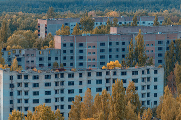 aerial view of the lost city of Pripyat. a lot of empty concrete floors overgrown with trees....