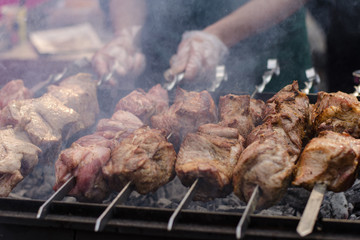 BBQ grilling, beef, pork. Close up barbecue.