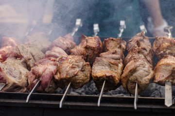 BBQ grilling, beef, pork. Close up barbecue.