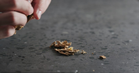smashed walnut on terrazzo countertop