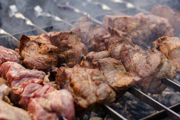 BBQ grilling, beef, pork. Close up barbecue.