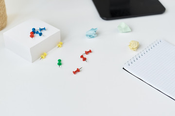 Modern workspace background. Workplace with office supplies and sticky notes on a table