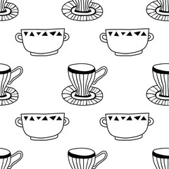 Black and white illustration of tea or coffee mugs. Seamless pattern for coloring book, page.