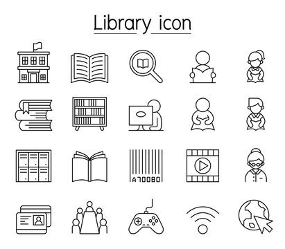 Library icon set in thin line style