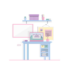 Illustration of modern workplace in room. Creative office workspace. Flat minimalistic style. Flat design Interior of working place.