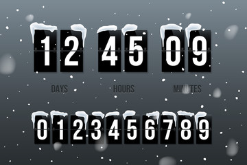 Flip countdown showing days, hours and minutes. Flip board with white numbers on black panels in retro style on snowfall background. Vector design element.